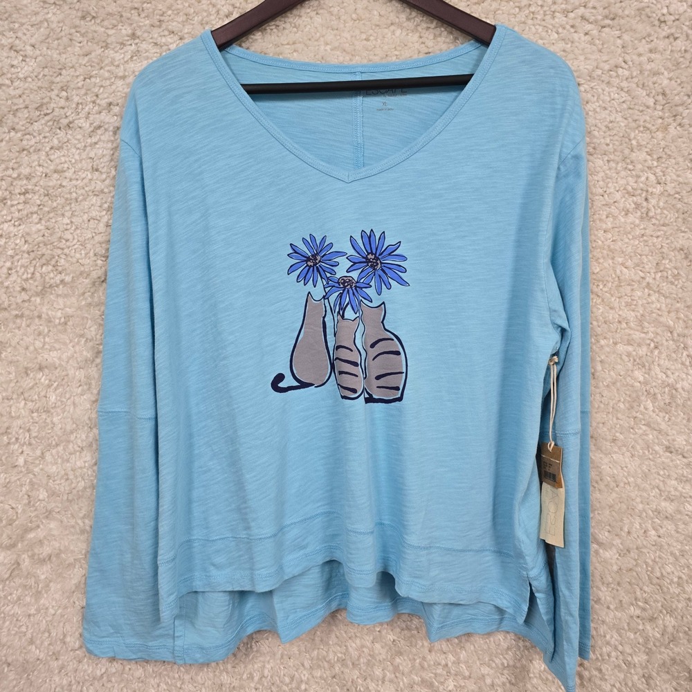 Escape by Habitat Clothes‎ Cat Daisy Top Women XL Sky Blue Cotton Graphic Tee